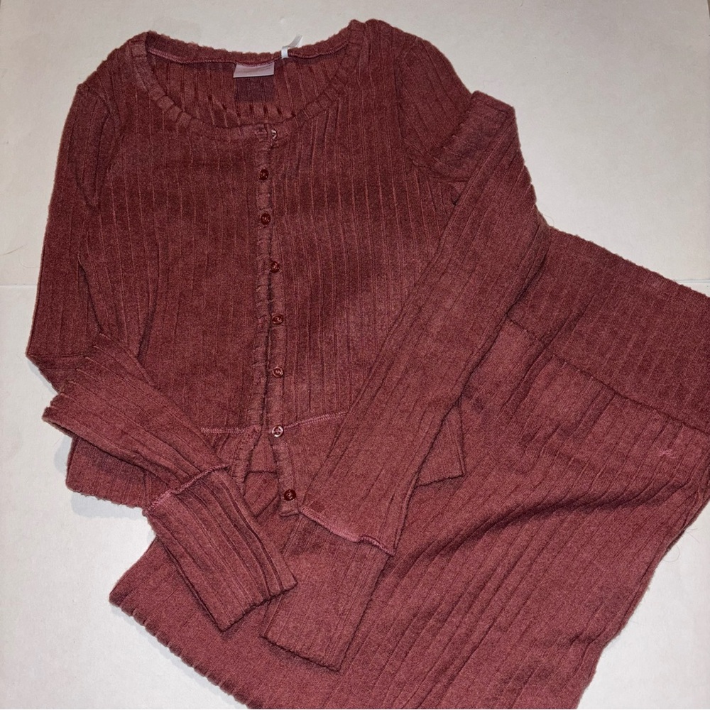 dark pink/muave cardigan & maxi skirt set from out from under (urban outfitters)